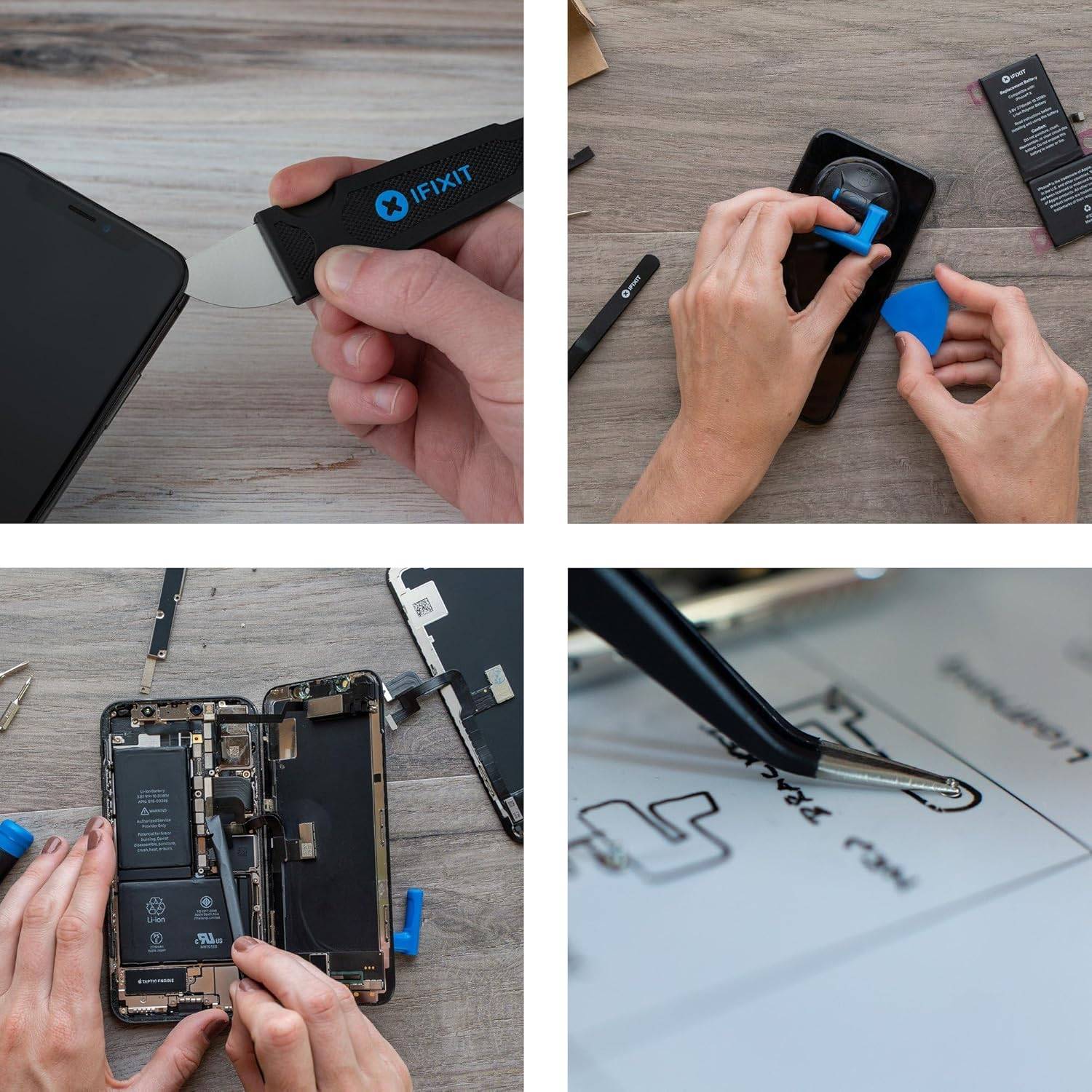 Vier-Schritte-Handy-Reparatur-Collage: Öffnen eines Geräts mit einem iFixit-Werkzeug, Hebelwirkung auf eine Komponente, Freilegung des internen Handy-Layouts und Verwendung einer Pinzette zum Abheben von Klebstoff.
