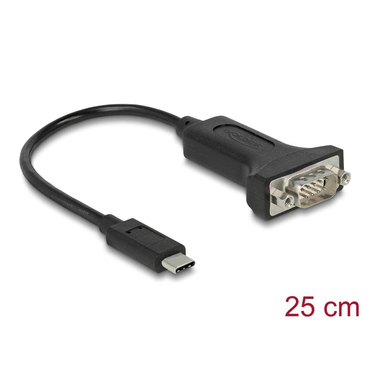 USB-C zu Seriell-Adapterkabel, 25 cm lang, mit DB9-Stecker auf der einen Seite und USB-C-Stecker auf der anderen Seite.