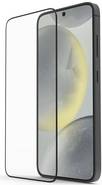Ein Smartphone mit elegantem schwarzem Design, das einen großen Bildschirm mit abstrakten silbernen und gelben Grafiken zeigt.