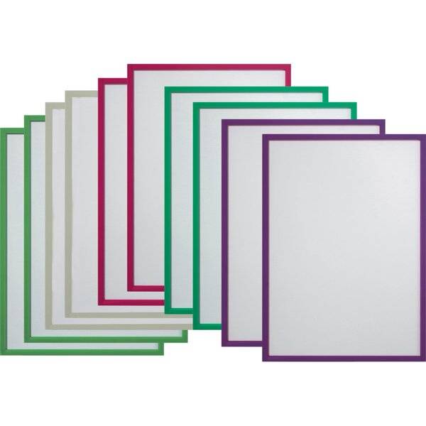 Stapel von überlappenden leeren Dokumentseiten mit farbigen Rändern in Grün, Grau, Magenta, Türkis und Lila.