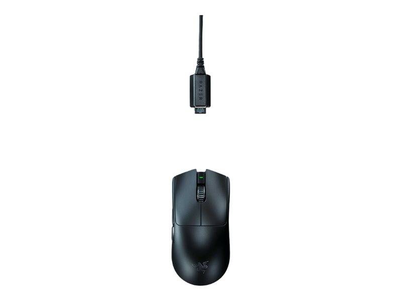 Draufsicht einer schwarzen kabelgebundenen Computermaus mit ihrem USB-Anschluss oben auf weißem Hintergrund.