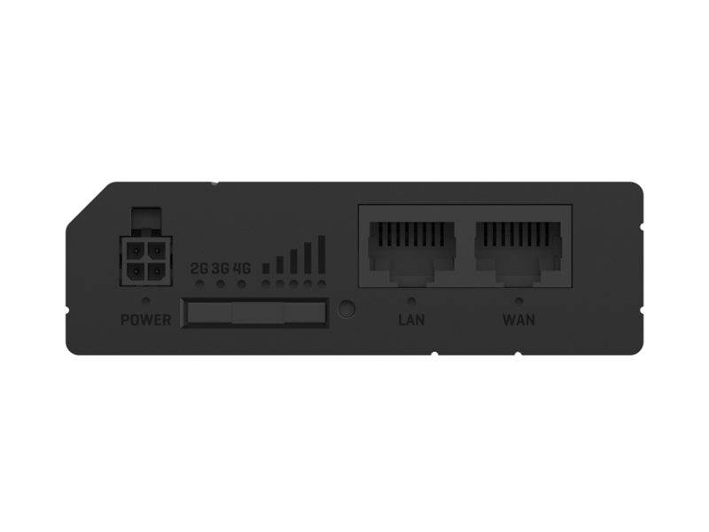 Nahaufnahme der Rückseite eines Routers mit einem Stromstecker, Status-LEDs und LAN-/WAN-Ethernet-Anschlüssen.