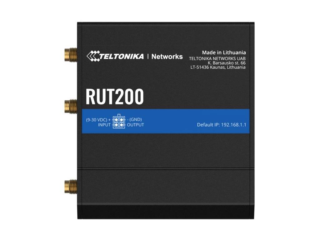 Teltonika Networks RUT200 Router Vorderansicht mit drei goldenen Antennenanschlüssen und gedruckten Beschriftungen einschließlich „Standard-IP: 192.168.1.1