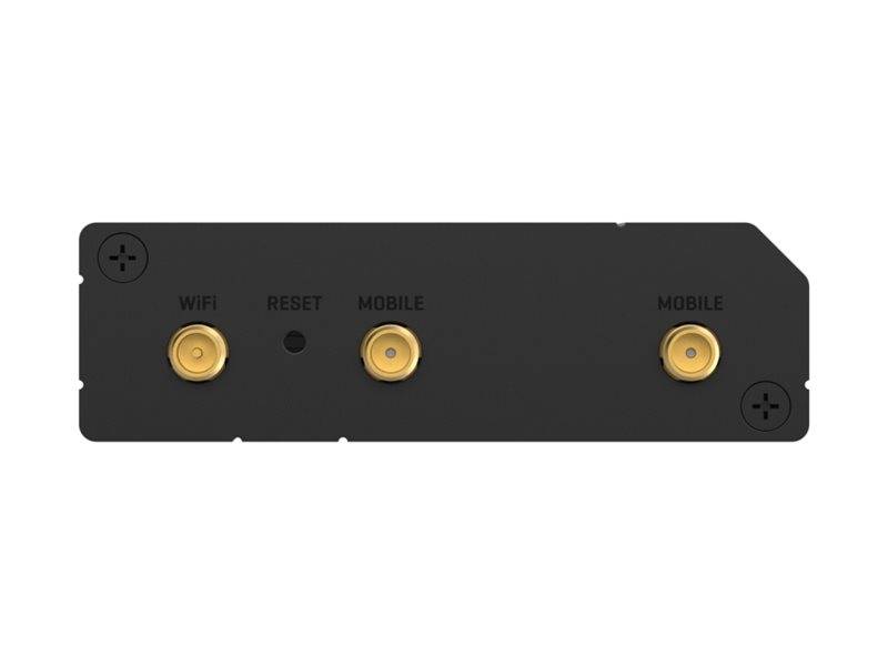 Schwarzes rechteckiges Gerätepanel mit drei goldenen Anschlüssen mit den Bezeichnungen WiFi, MOBILE und MOBILE, plus ein kleines RESET-Loch und Befestigungsschrauben.