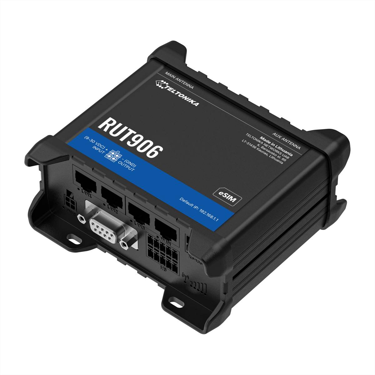 Schwarzer industrieller Teltonika RUT906-Router mit mehreren Ethernet-Anschlüssen, Seriellen Anschlüssen und Antennenanschlüssen auf weißem Hintergrund.
