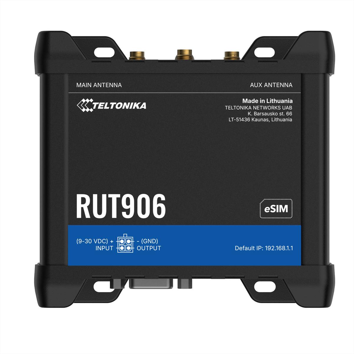 Vorderansicht eines Teltonika RUT906 Industrie-Routers mit Haupt- und Hilfsantennenports, eSIM-Etikett und Standard-IP 192.168.1.1.