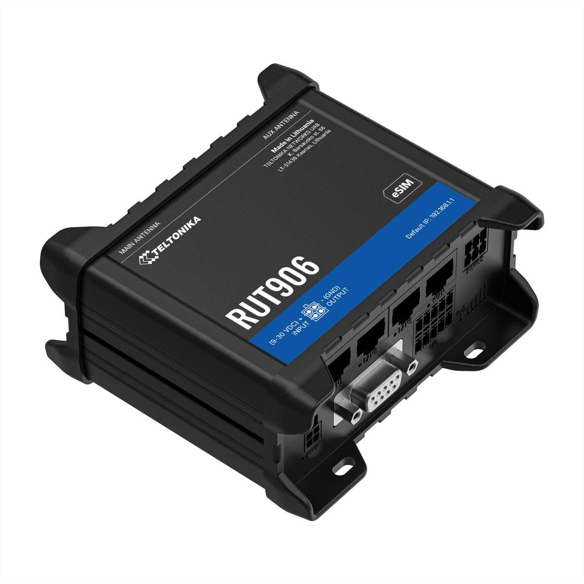 Schwarzer Teltonika RUT906 Industrie-Router mit mehreren Ethernet-Anschlüssen und Antennensteckern, dargestellt auf weißem Hintergrund.