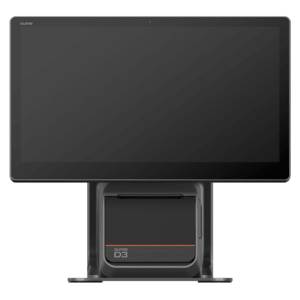Ein schwarzer Touchscreen-Computer mit elegantem Monitor auf kompakter Basis, mit einer subtilen orangefarbenen Linie quer über der Basis.
