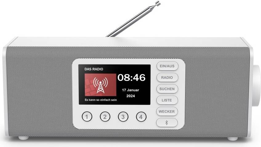 Digitales Radio zeigt die Uhrzeit 08:46, das Datum 17. Januar 2024 und die Nachricht „Es kann so einfach sein