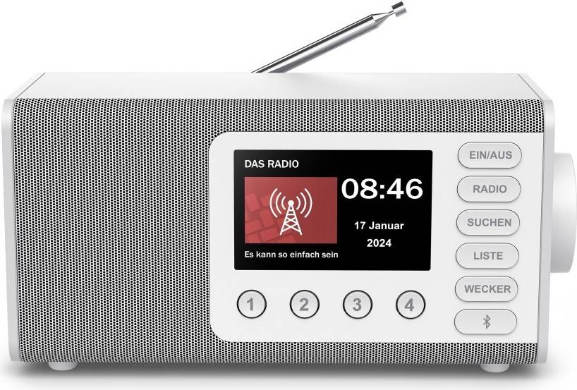 Ein Digitalradio zeigt den Sender 'DAS RADIO', die Uhrzeit 08:46 und das Datum 17. Januar 2024 an. Der Slogan lautet 'Es kann so einfach sein'.