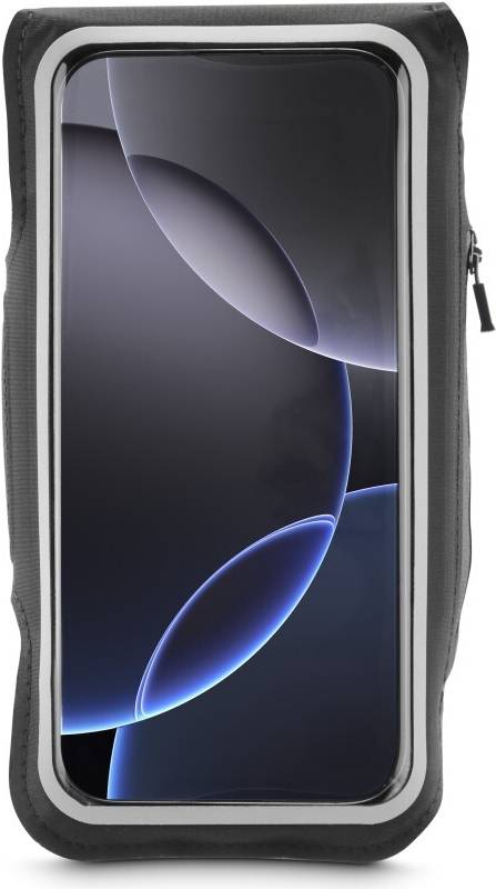 Ein Smartphone mit einem großen, gekrümmten Bildschirm, auf dem ein minimalistisches, abstraktes Design aus überlappenden dunkel- und hellblauen Kreisen angezeigt wird.