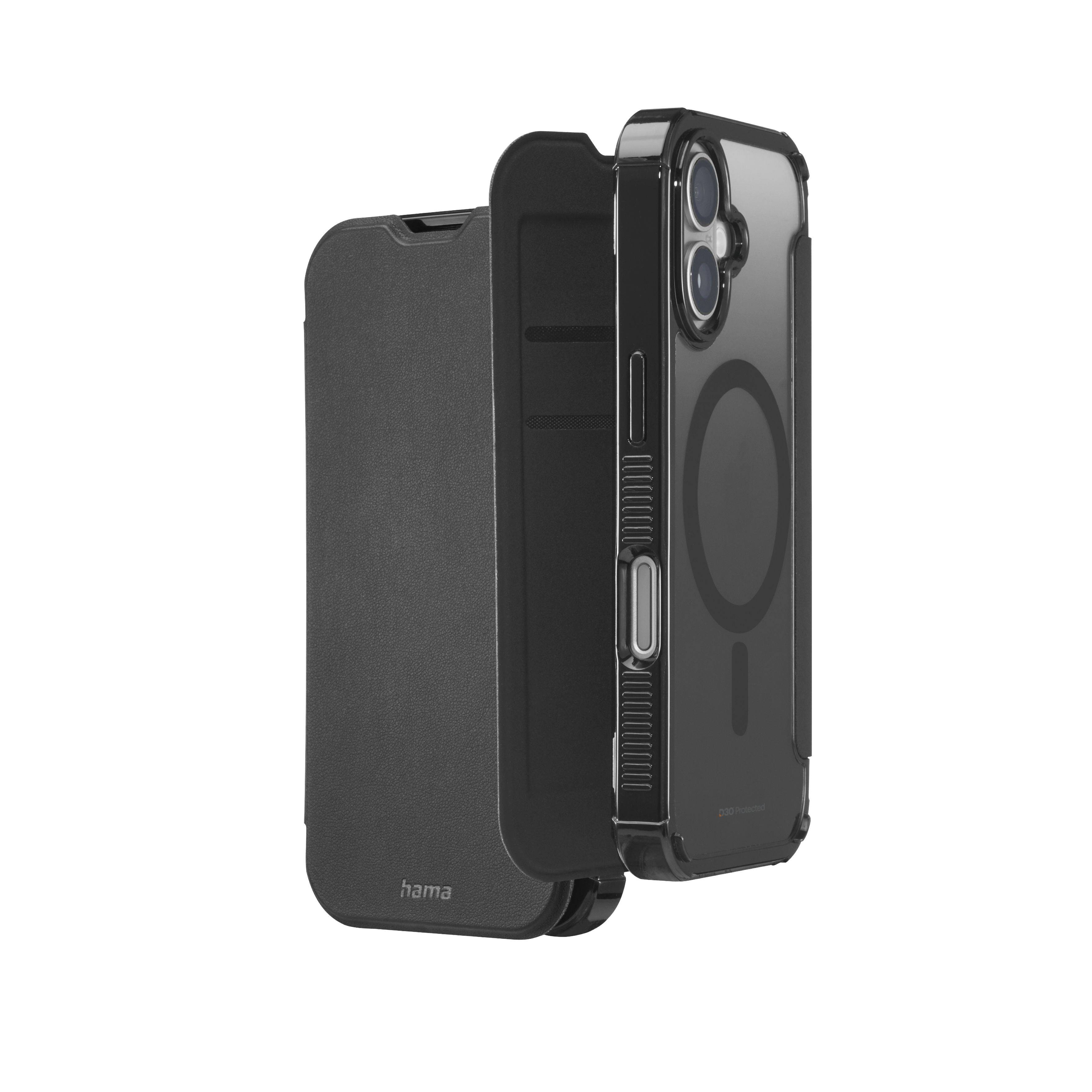 Eine schwarze Handyhülle mit transparenter Rückseite, konzipiert für ein Smartphone mit Dualkamera und MagSafe-Kompatibilität.