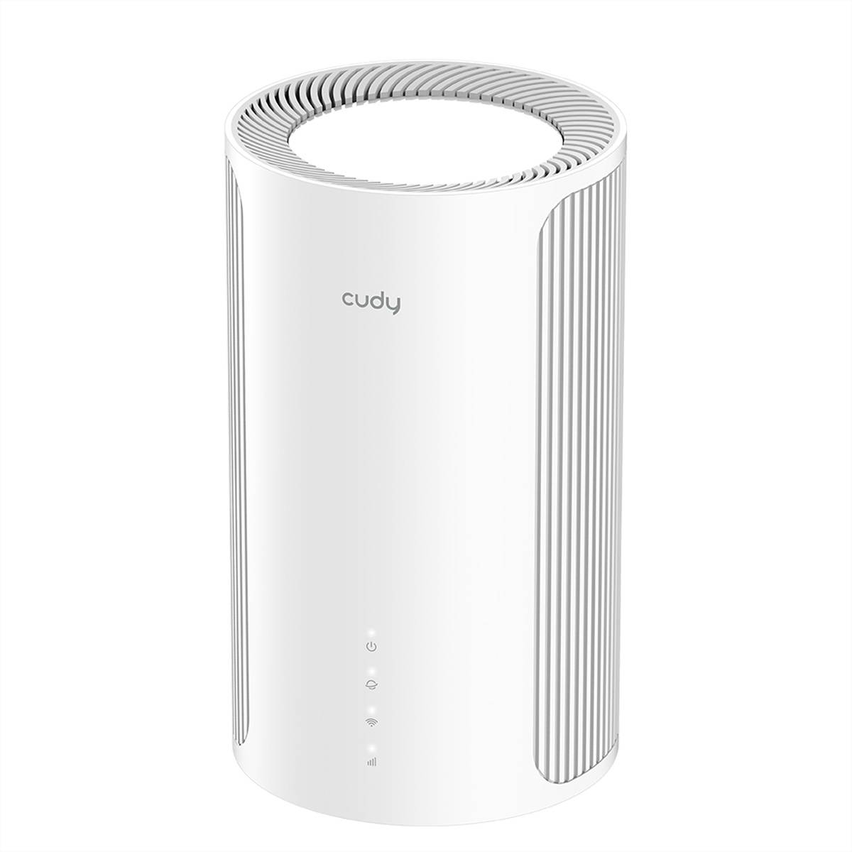 Weißer Cudy Wi-Fi-Router oder Mesh-Gerät mit zylindrischem Design, belüfteter Ober- und Seitenfläche sowie kleinen vorderen Statusleuchten.