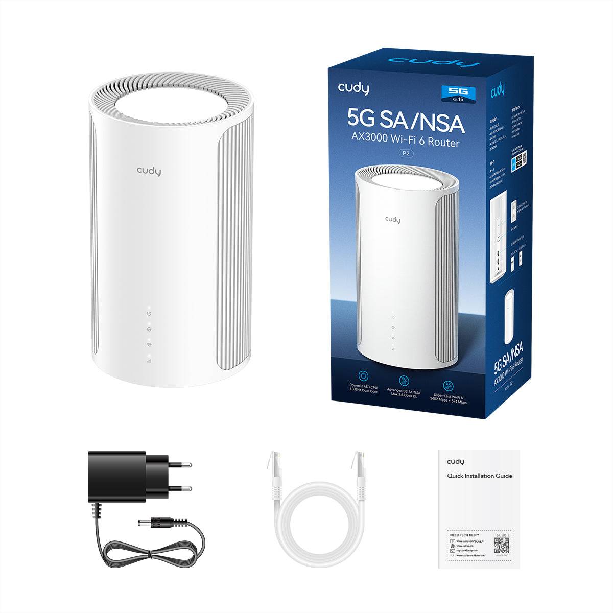 Cudy 5G SA/NSA AX3000 Wi‑Fi 6 Router, gezeigt mit seiner Einzelhandelsverpackung, Netzteil, Ethernet-Kabel und Schnellinstallationsanleitung.