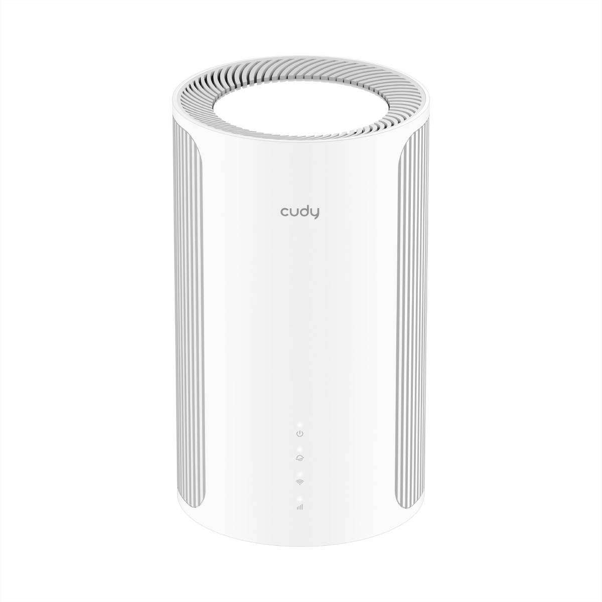 Weißer zylindrischer Cudy-Router mit belüfteter Oberseite und seitlichen Schlitzen, Vorderansicht auf einfachem weißem Hintergrund.