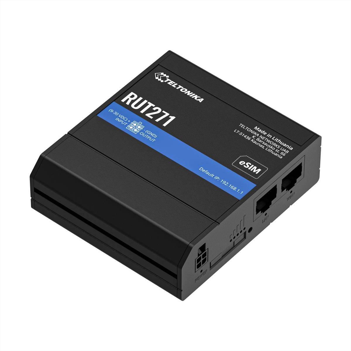 Schwarzer Teltonika RUT211 Industrierouter mit zwei Ethernet-Anschlüssen und eSIM-Etikett, dargestellt auf weißem Hintergrund.