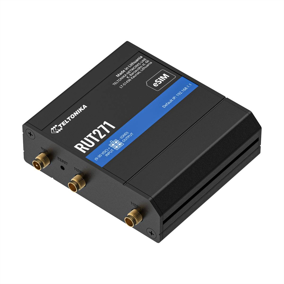 Schwarzer Teltonika RUT271 Industrial-LTE-Router mit drei goldenen Antennenports und eSIM-Etikett auf weißem Hintergrund