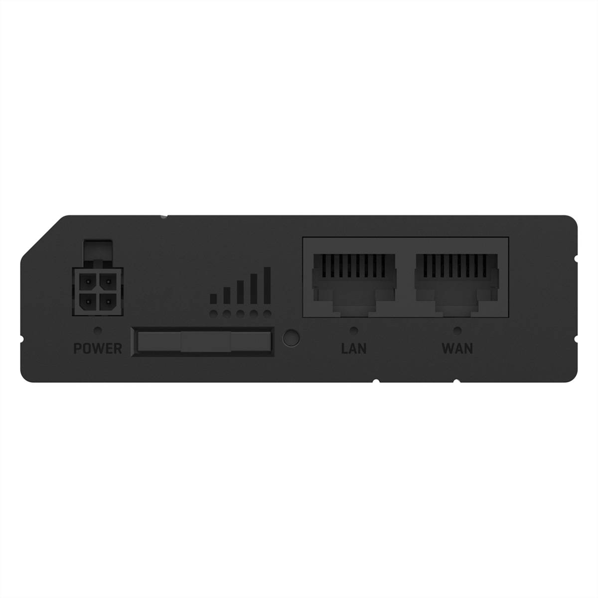Rückseite eines Routers oder Modems mit einem Stromstecker, Statusleuchten und zwei Ethernet-Anschlüssen mit den Bezeichnungen „LAN
