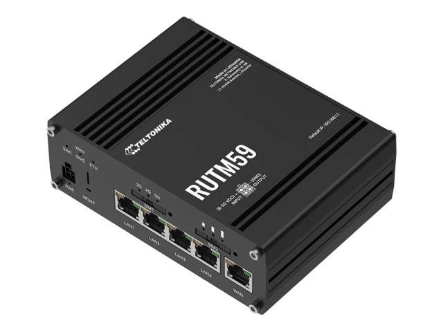 Schwarzer Teltonika RUTM59 Industrie-Router mit mehreren Ethernet-Anschlüssen, dargestellt in einer angewinkelten Produktansicht auf weißem Hintergrund.