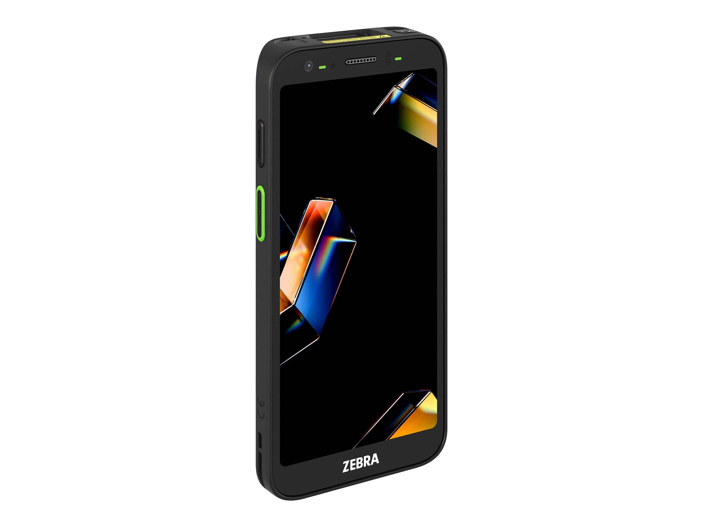 Robustes Zebra-Handheld-Touchscreen-Gerät mit schwarzem Bildschirm und Seitentasten, auf weißem Hintergrund abgebildet.