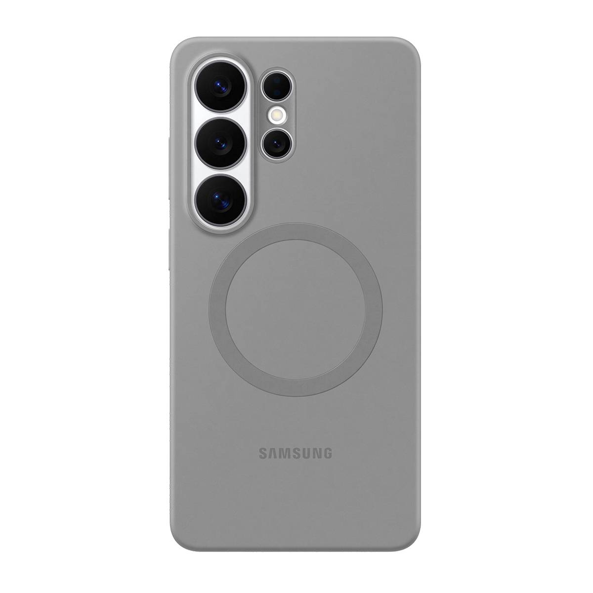 Graue Samsung-Smartphone-Hülle mit großem kreisförmigem MagSafe-ähnlichem Ring und dreifachen hinteren Kameraausschnitten oben links.
