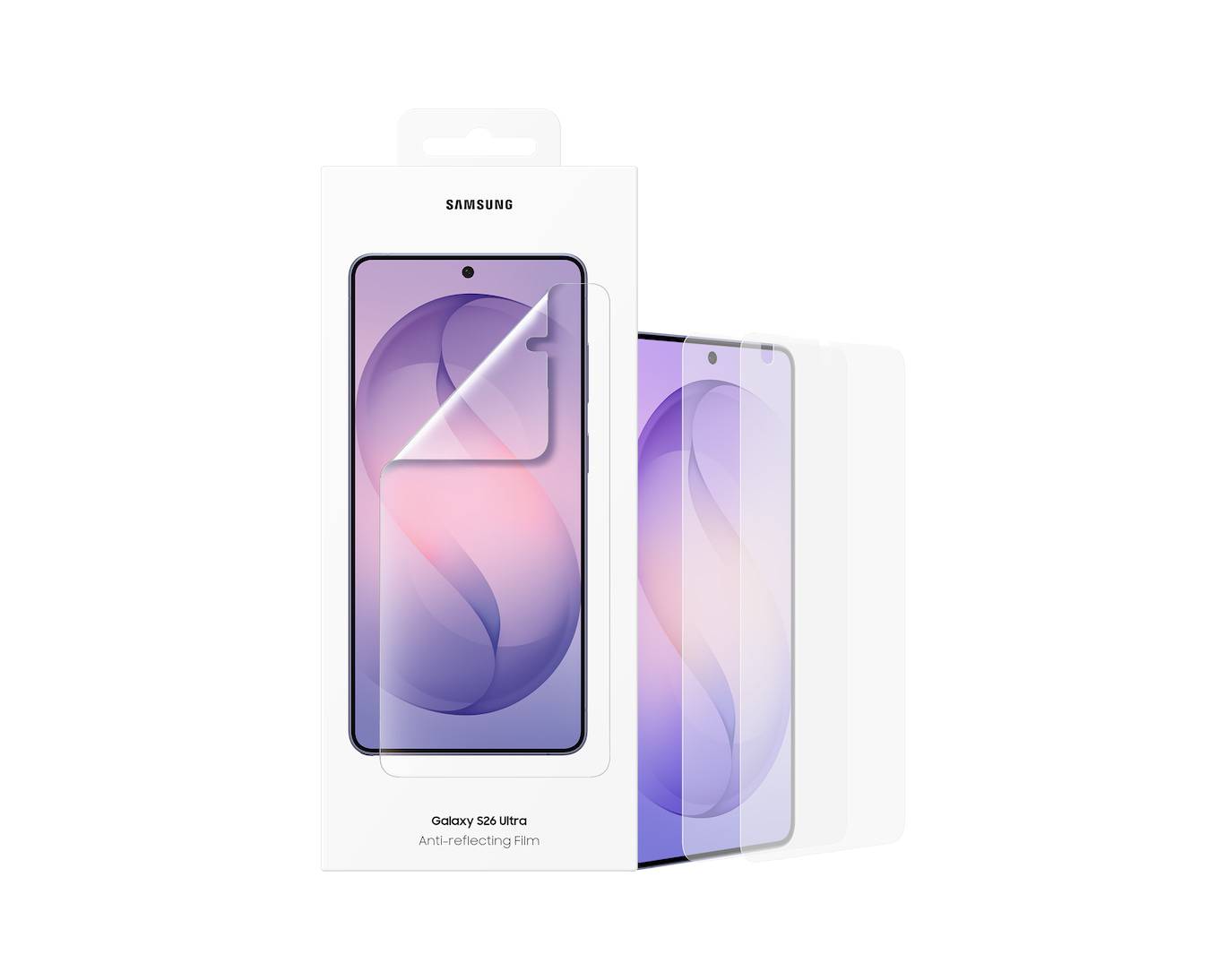 Samsung Galaxy S25 Ultra Antireflexionsfilm, dargestellt auf einer Produktbox mit einer Telefonbildschirmillustration und ablösbaren Displayschutzschichten.