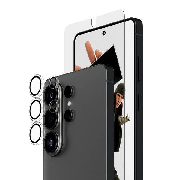 Explodierte Ansicht eines Smartphone-Kameramoduls mit drei Linsenringen und einem Telefonbildschirm, auf dem eine Person aus einem Foto hervorlugt.
