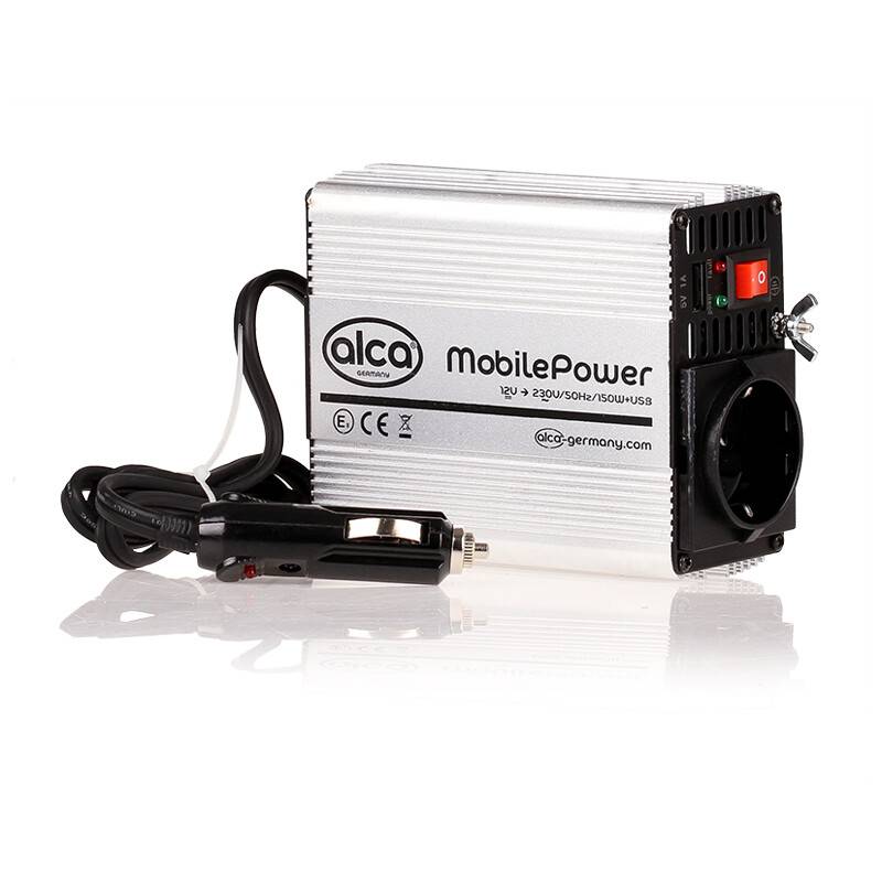 alca® MobilePower Power-Inverter 12V auf 230V, 150W Dauerleistung (300W max), USB-Anschluss 5V, Schuko-Steckdose,