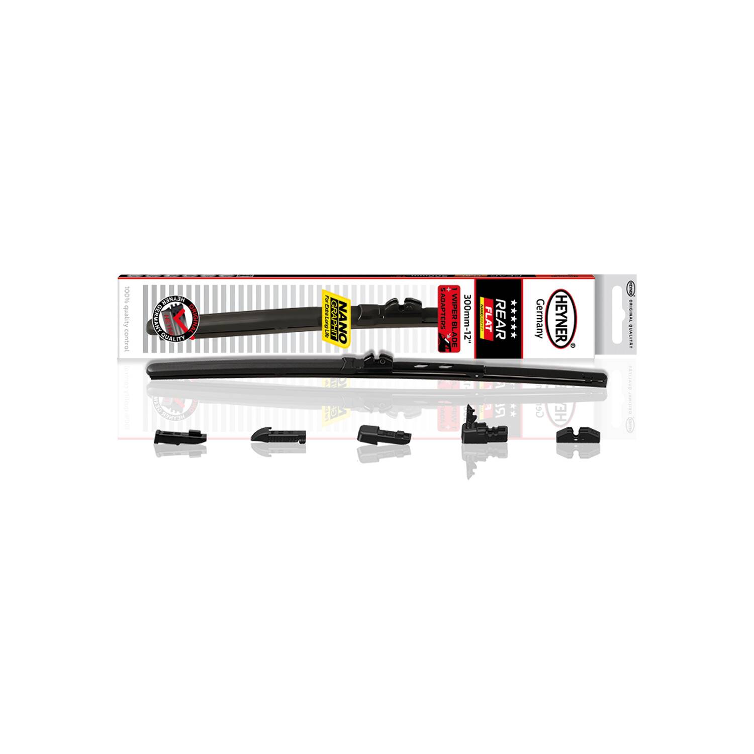 HEYNER® Heckwischerblatt REAR FLAT 12 Zoll / 300 mm mit Adapter Set Aerodynamischer Flachbalken-Heckwischer mit