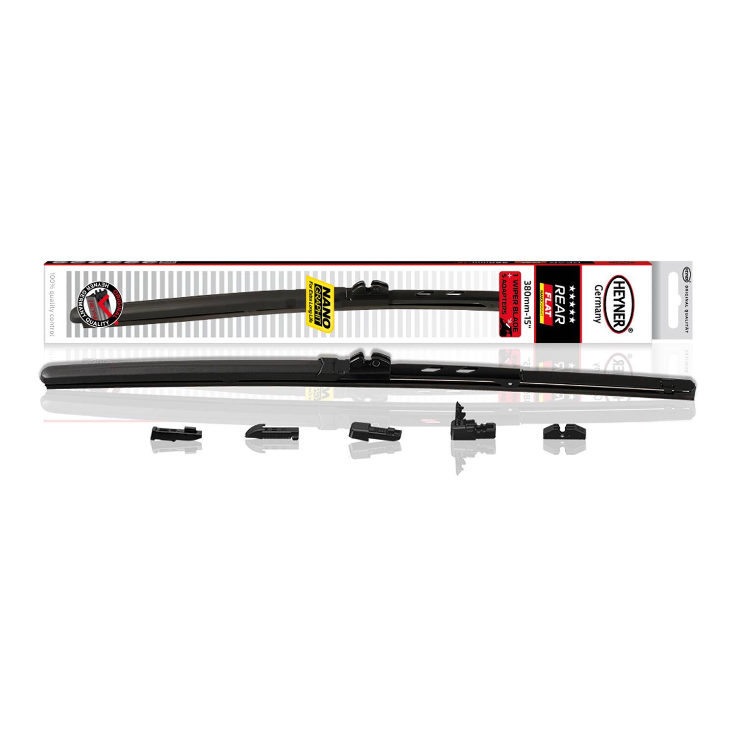 HEYNER® Heckwischerblatt REAR FLAT 15 Zoll / 380 mm mit Adapter Set Aerodynamischer Flachbalken-Heckwischer mit