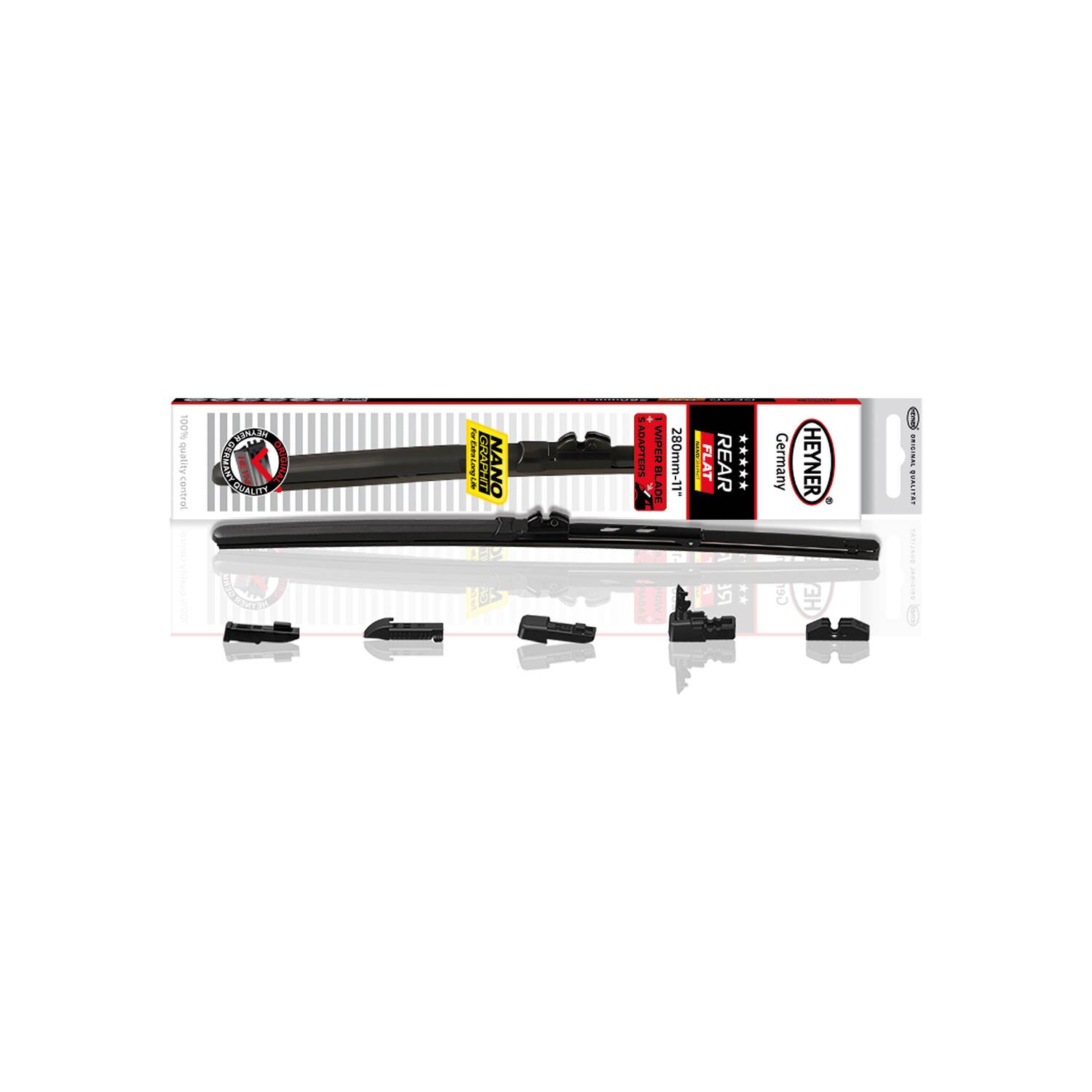 HEYNER® Heckwischerblatt REAR FLAT 11 Zoll / 280 mm mit Adapter Set Aerodynamischer Flachbalken-Heckwischer mit