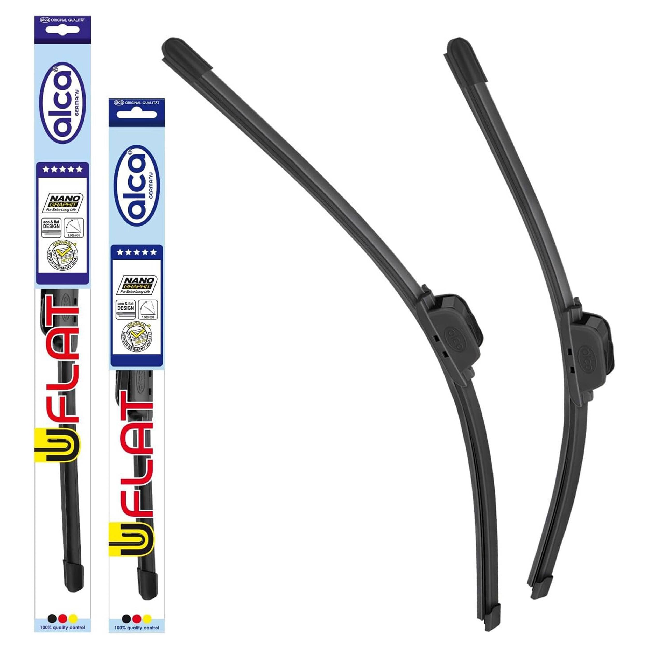 Zwei Packungen Alca-Scheibenwischer, zusammen mit zwei angezeigten Wischern. Die Verpackung hebt Merkmale wie „Flach