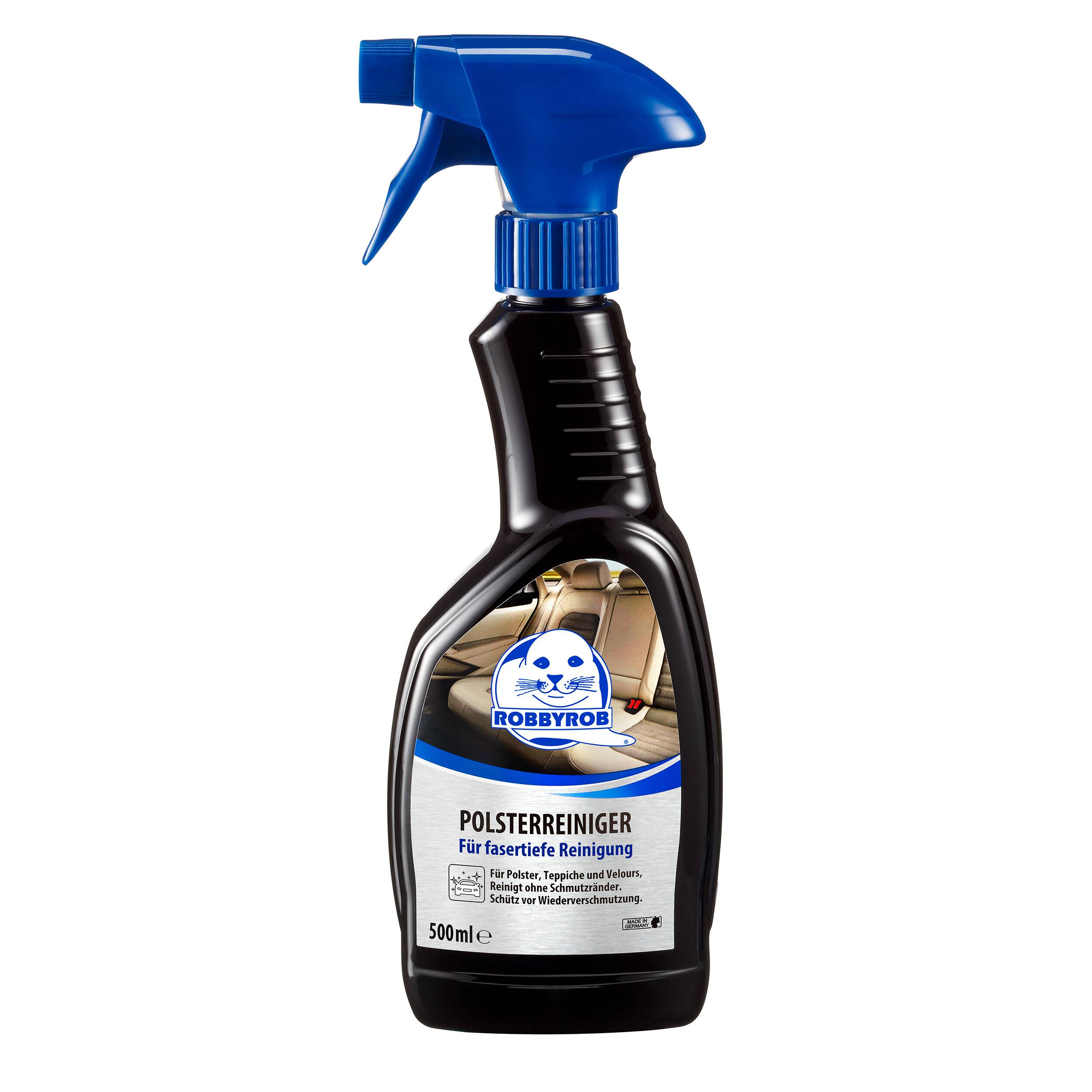 Schwarze Sprühflasche mit 'Polsterreiniger' Polsterreiniger mit blauem Auslöseknopf, beschriftet mit 'Robbyrob' und 'Für festere Reinigung', 500 ml.