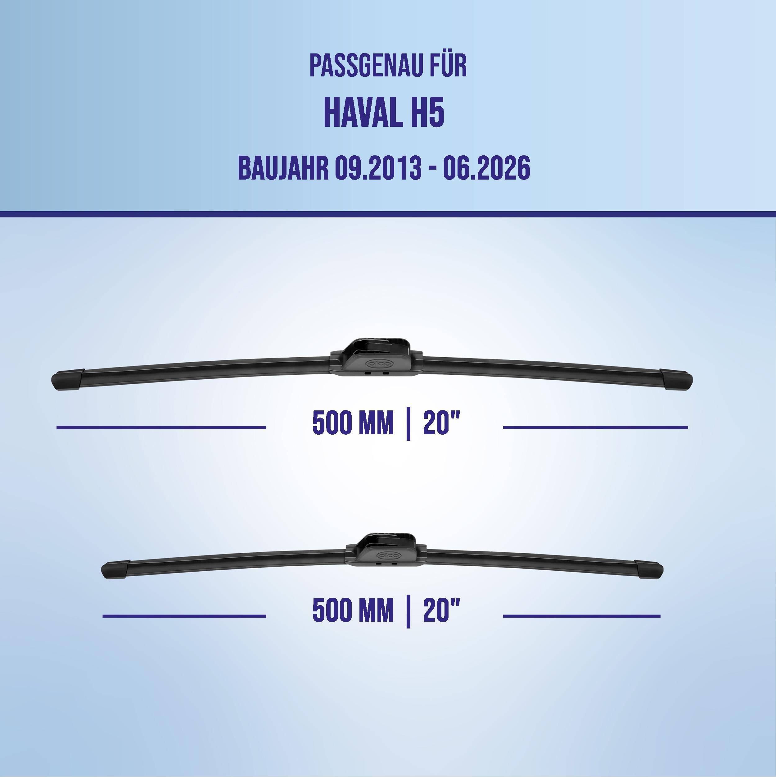 Diagramm mit zwei Scheibenwischblättern für Haval H5, kompatibel mit Modelljahren 09.2013-06.2026; beide Blätter sind 500 mm (20