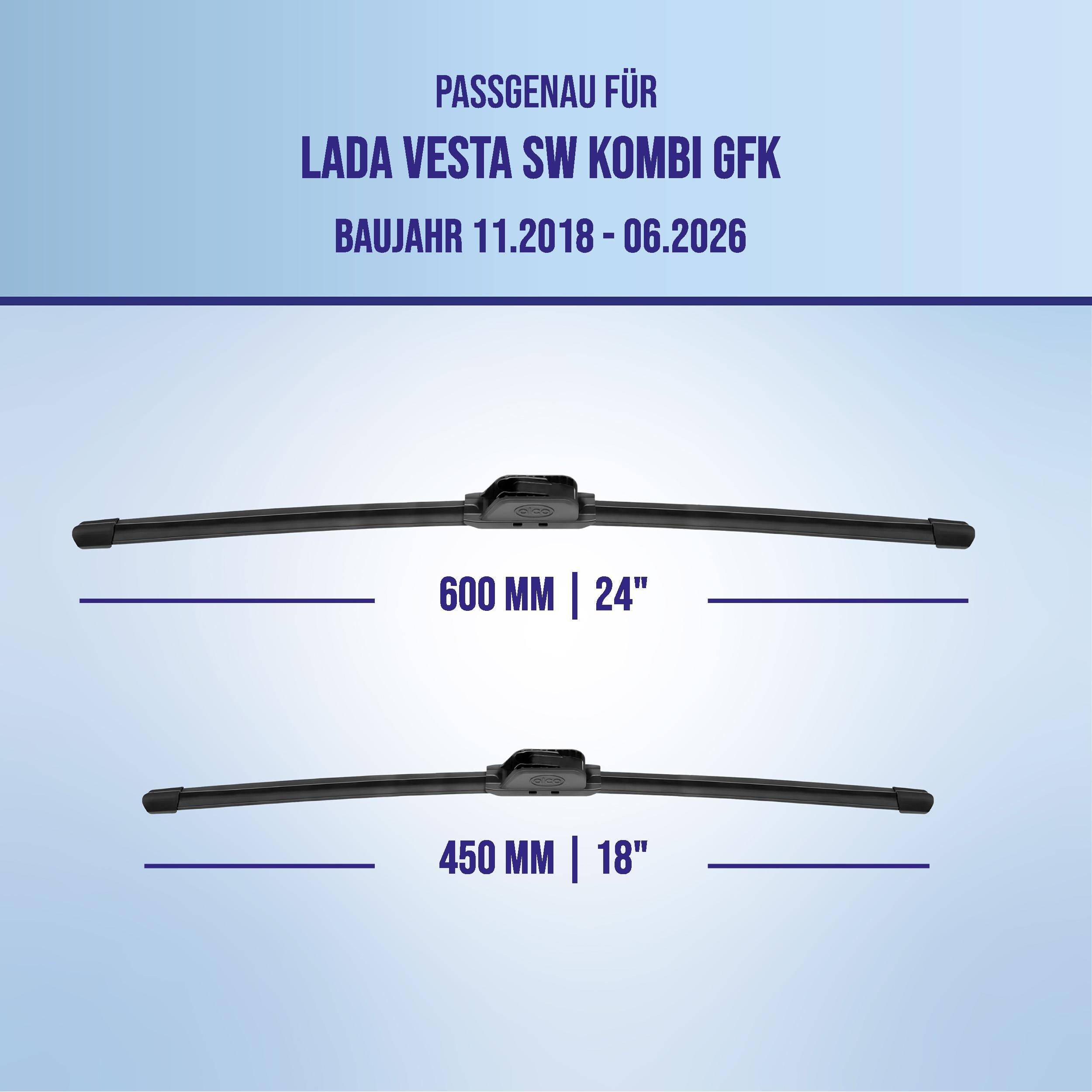 Kompatibilitätsgrafik für Lada Vesta SW Kombi GFK, Modelljahre 11.2018–06.2026, zeigt Wischblattzgrößen 600 mm (24
