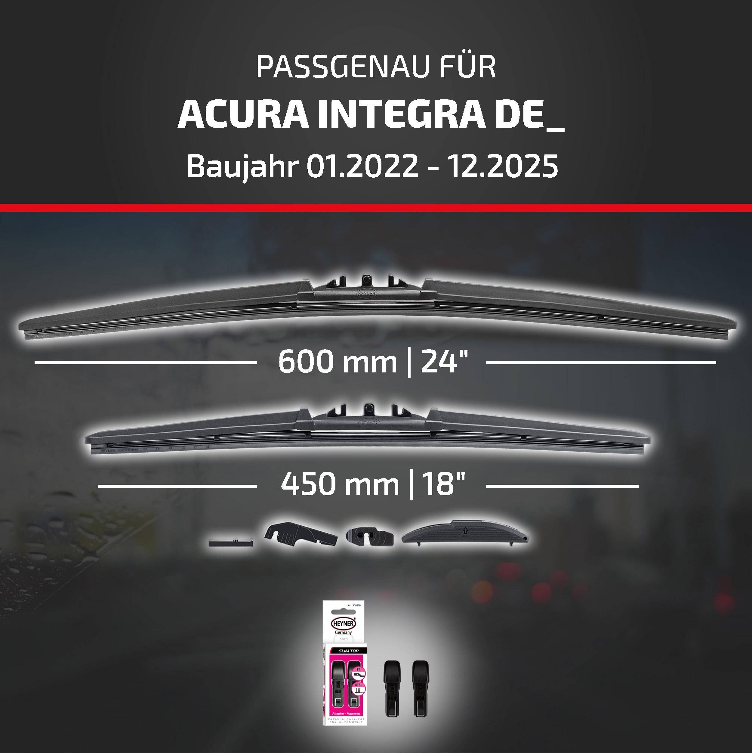 Passguide für Acura Integra DE, Modelljahre 01.2022–12.2025, zeigt kompatible Wischergröße: 600 mm (24