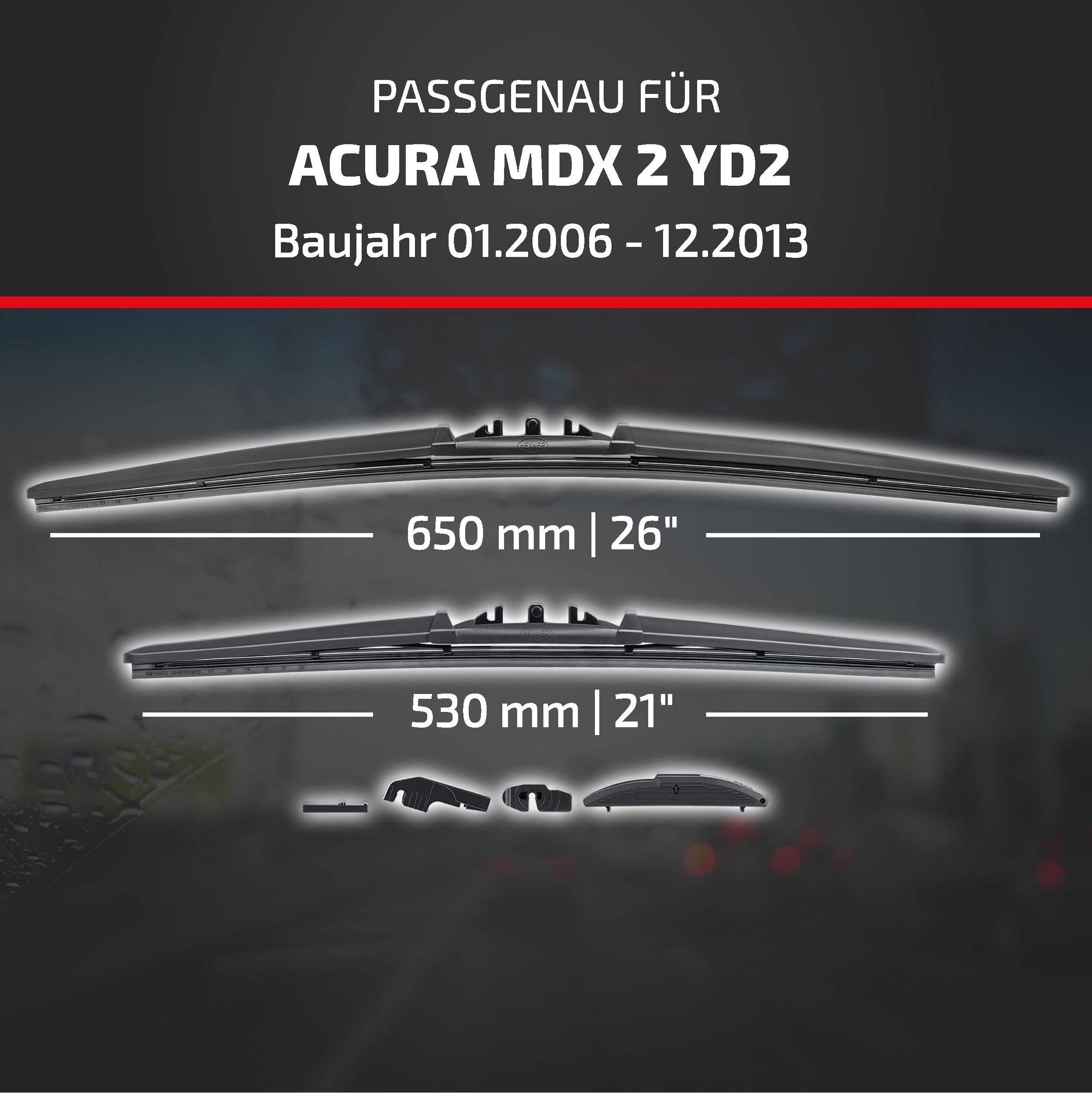 Grafik zur Scheibenwischer-Kompatibilität für Acura MDX 2 YD2, Modelljahre 01.2006-12.2013, zeigt empfohlene Größen 650 mm (26