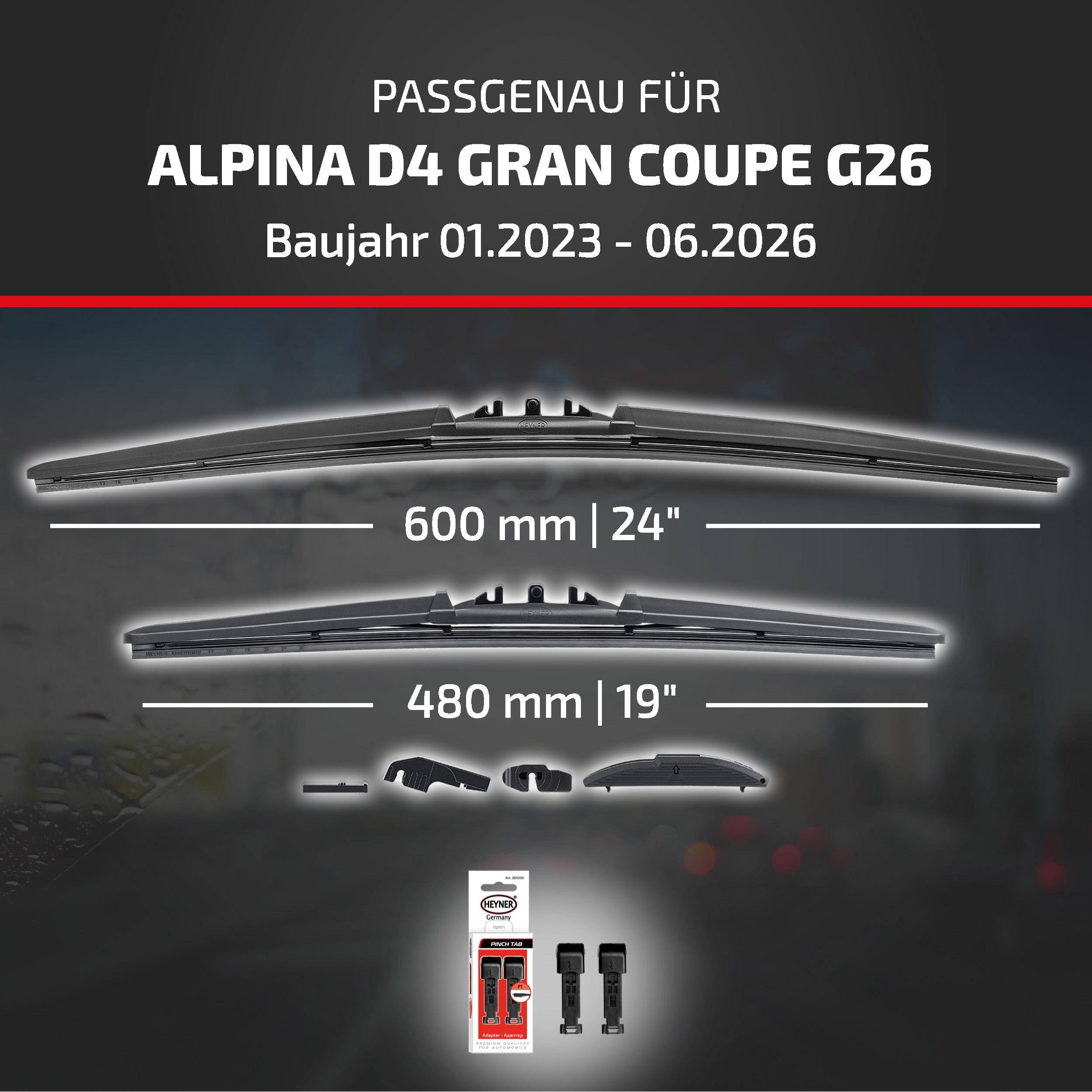HEYNER® Scheibenwischer für ALPINA D4 GRAN COUPE 01.2023 - 08.2026, HYBRID Flachbalkenwischer,