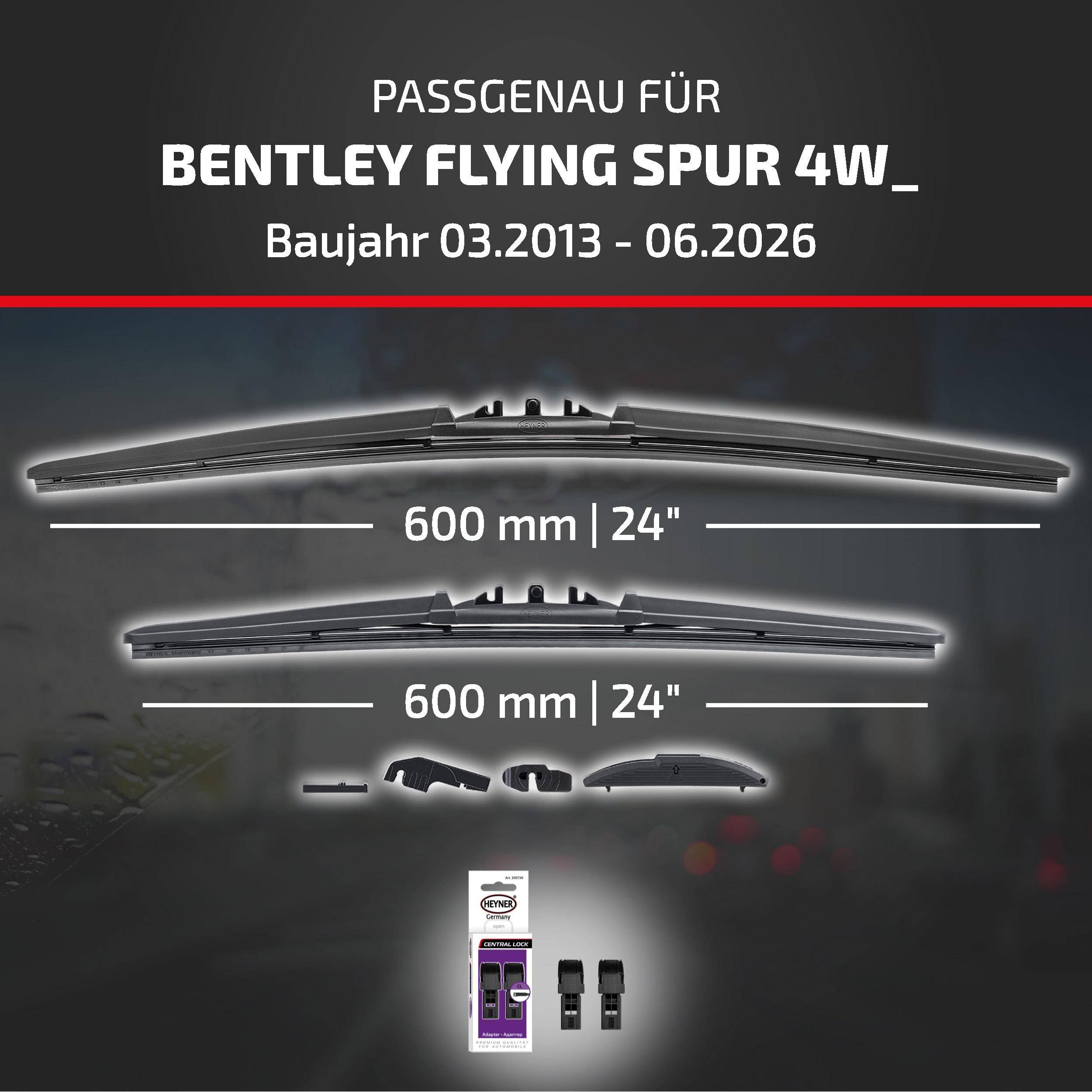 Die Anzeige zeigt kompatible Wischblätter für Bentley Flying Spur 4W, Modelljahre 03.2013-06.2026, beide Blätter 600 mm/24