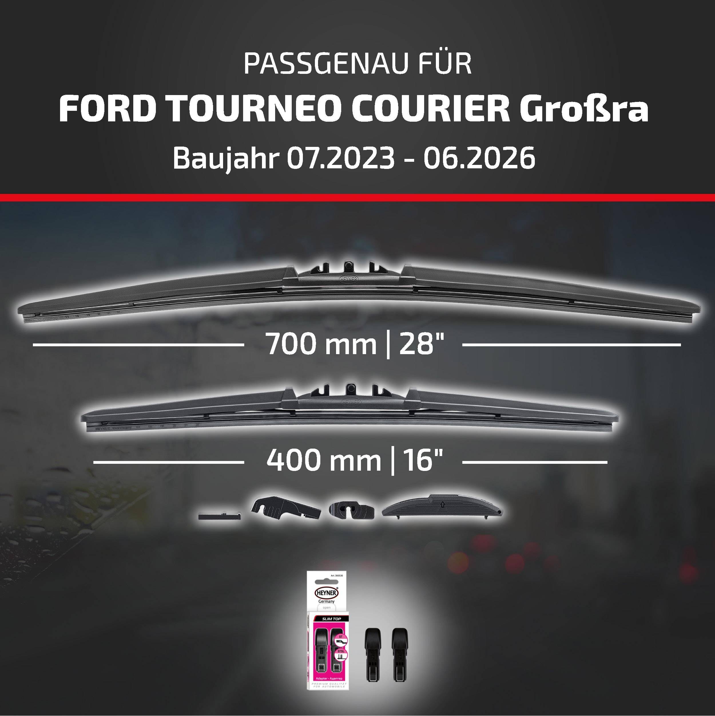 HEYNER® Scheibenwischer für FORD TOURNEO COURIER Großraumlimousine 07.2023 - 09.2026, HYBRID Flachbalkenwischer,