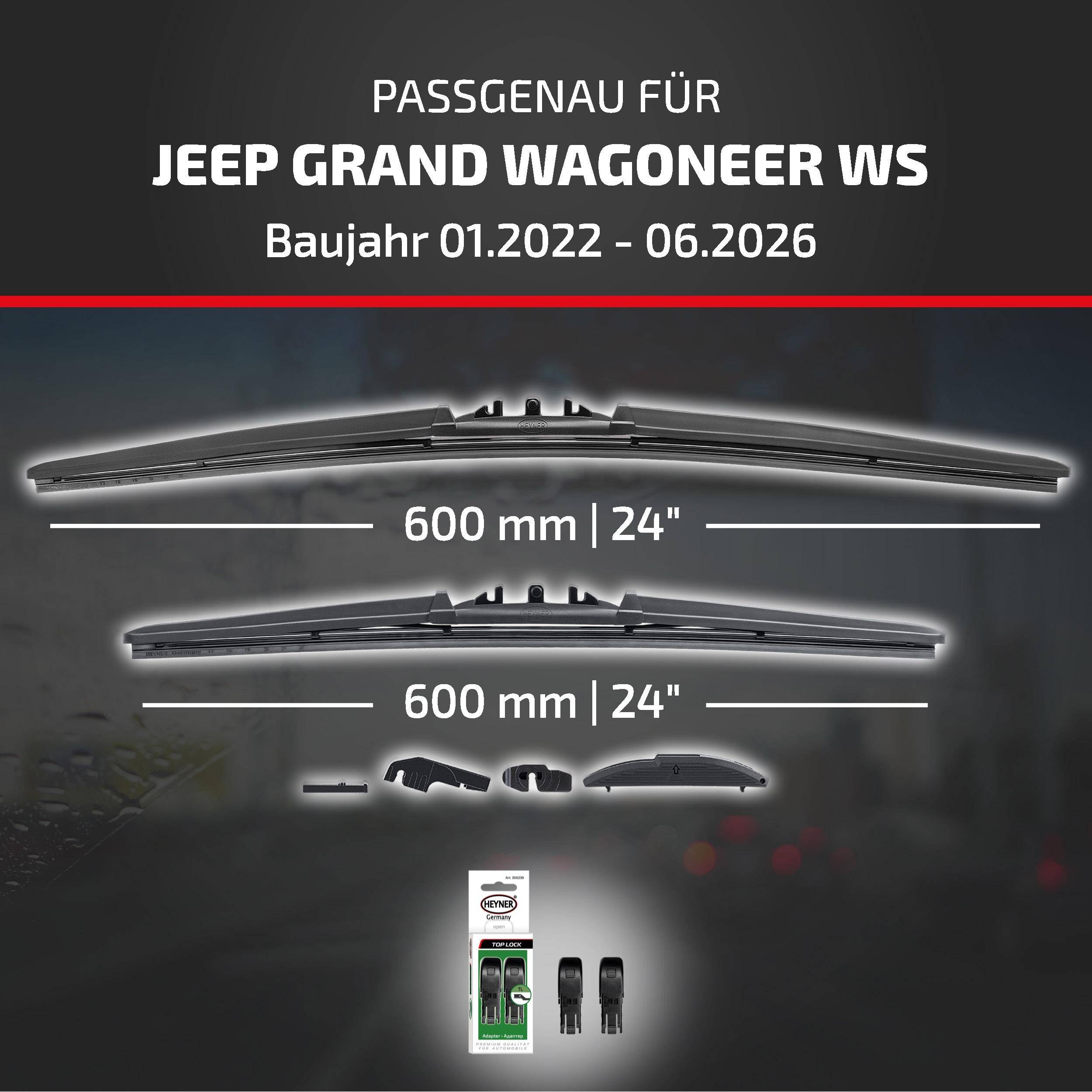Grafik zeigt Wischerblätter, die mit Jeep Grand Wagoneer WS kompatibel sind, Modelljahre 01.2022-06.2026, mit zwei 600 mm (24