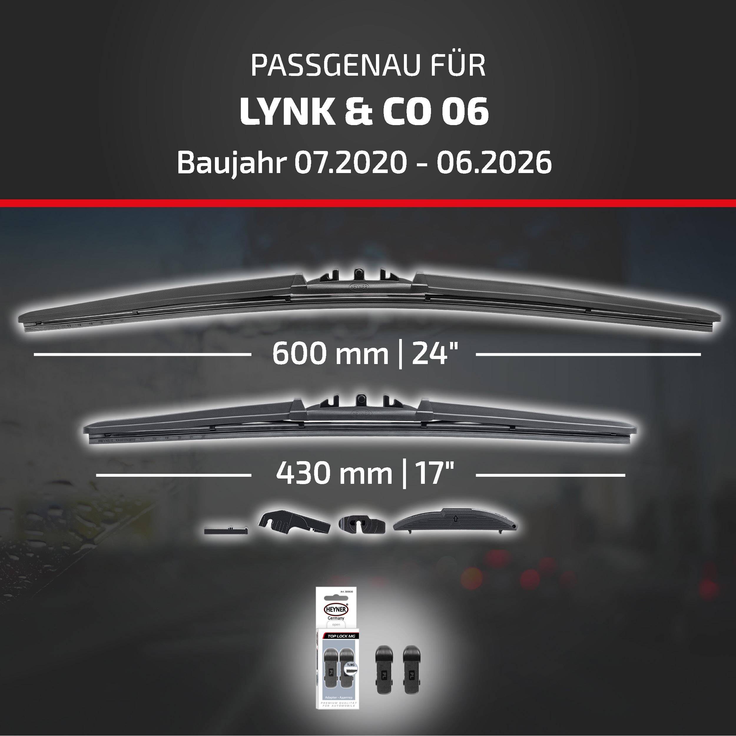 Kompatibilitätsgrafik für LYNK & CO 06 Scheibenwischer, Modelljahre 07/2020-06/2026, mit Blattgrößen von 600 mm und 430 mm sowie mitgelieferten Adaptern.