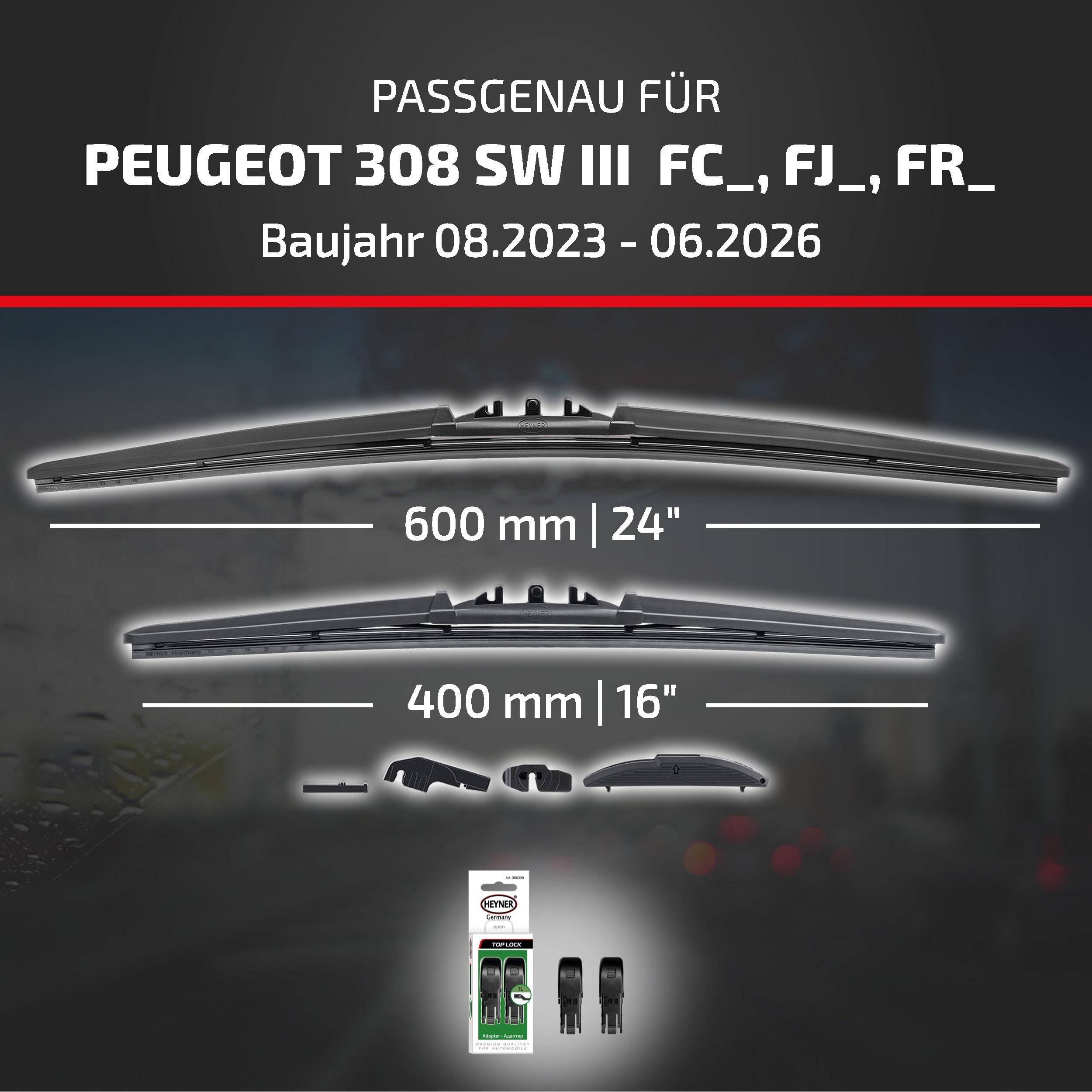 HEYNER® Scheibenwischer für PEUGEOT 308 SW III 08.2023 - 08.2026, HYBRID Flachbalkenwischer,