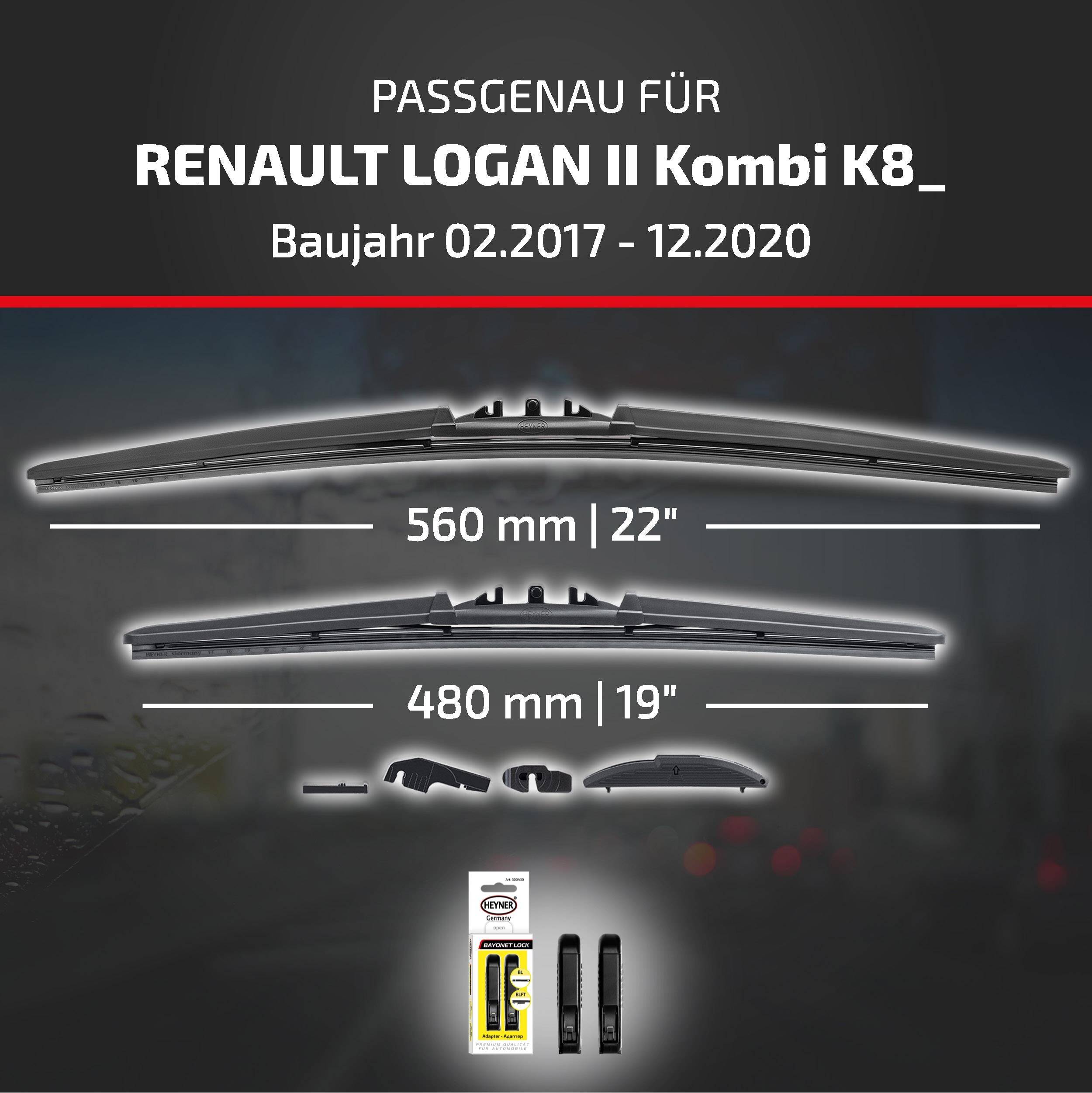 HEYNER® Scheibenwischer komp. mit RENAULT LOGAN II Kombi (02.2017 - 12.2020) HYBRID Flachbalkenwischer