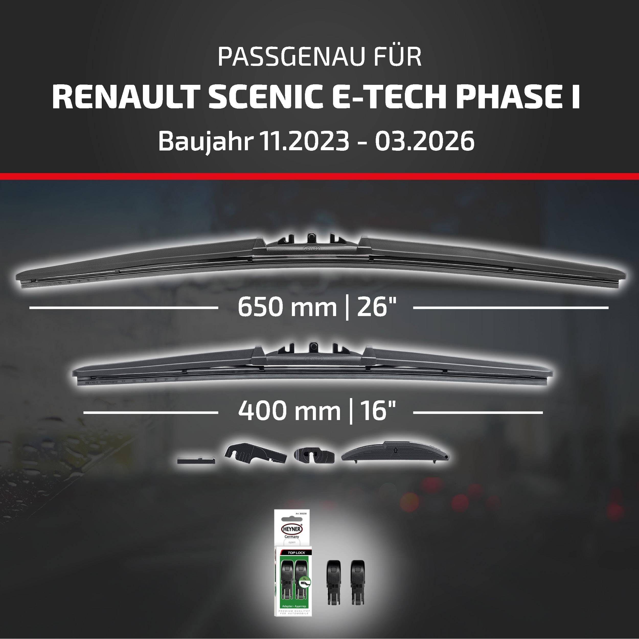 HEYNER® Scheibenwischer komp. mit RENAULT SCENIC E-TECH PHASE I (11.2023 - 04.2026) HYBRID Flachbalkenwischer