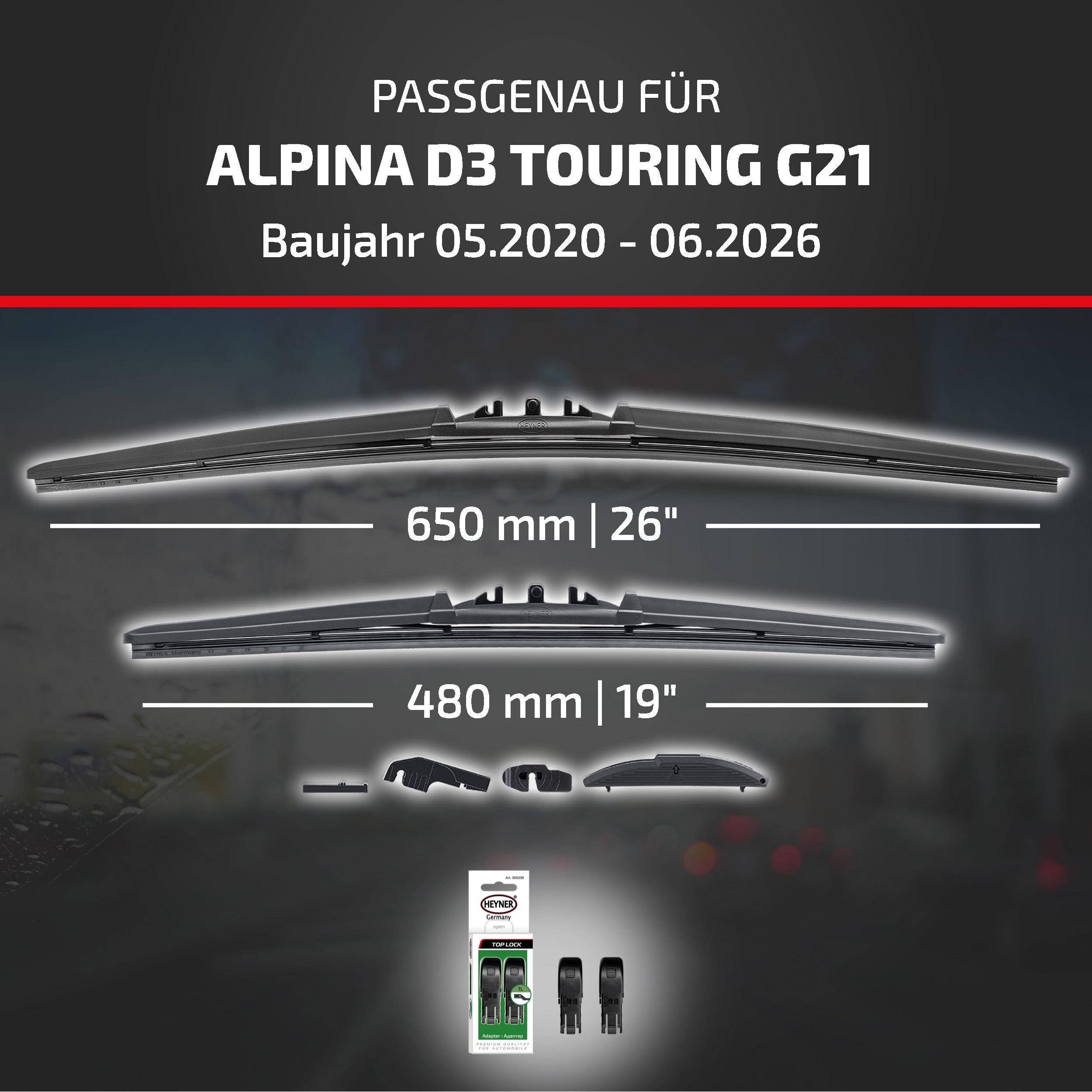 HEYNER® Scheibenwischer für ALPINA D3 TOURING 05.2020 - 08.2026, HYBRID Flachbalkenwischer,