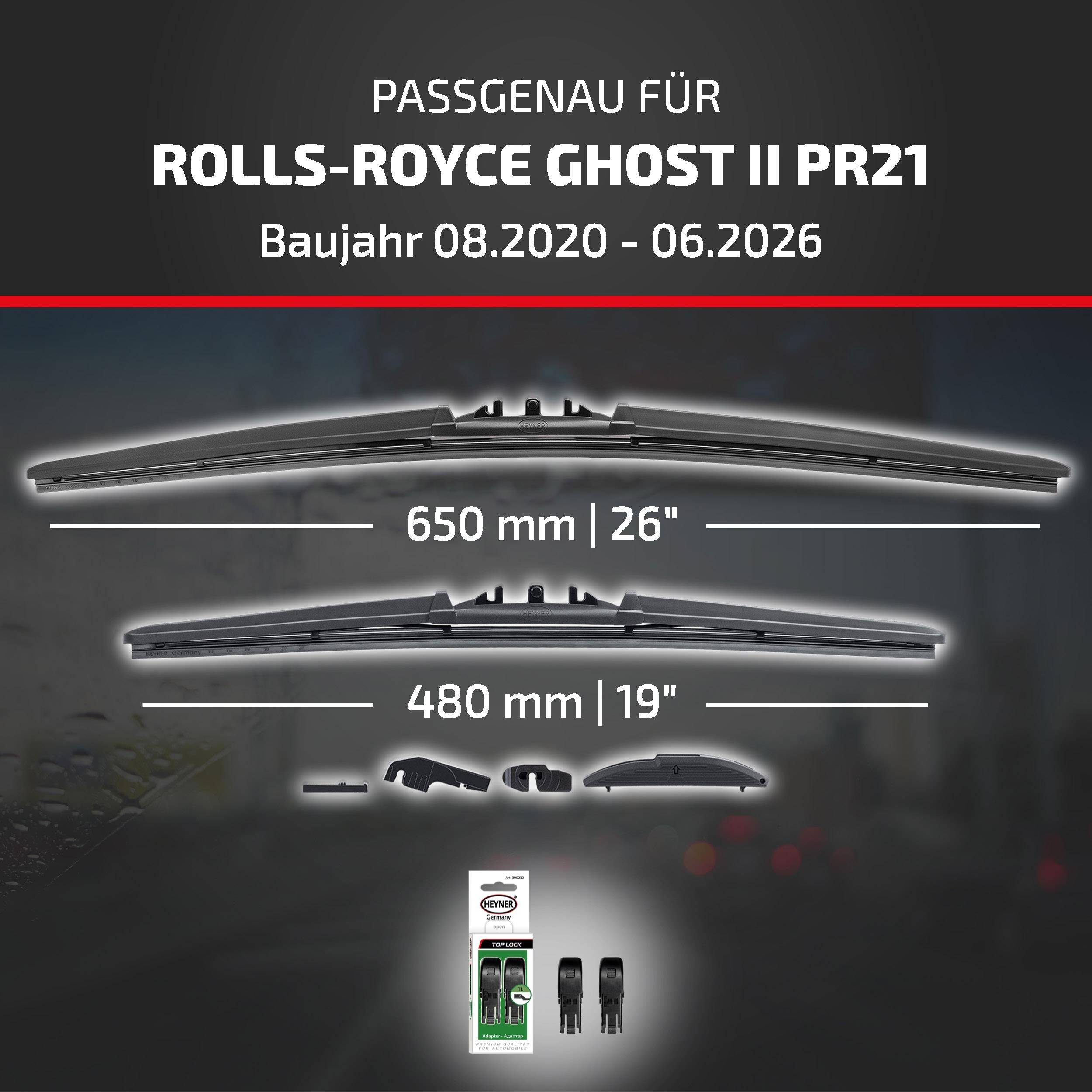 Die Anzeige zeigt kompatible Scheibenwischer für Rolls-Royce Ghost II PR21, Modelljahre 08/2020-06/2026, in den Größen 650 mm (26