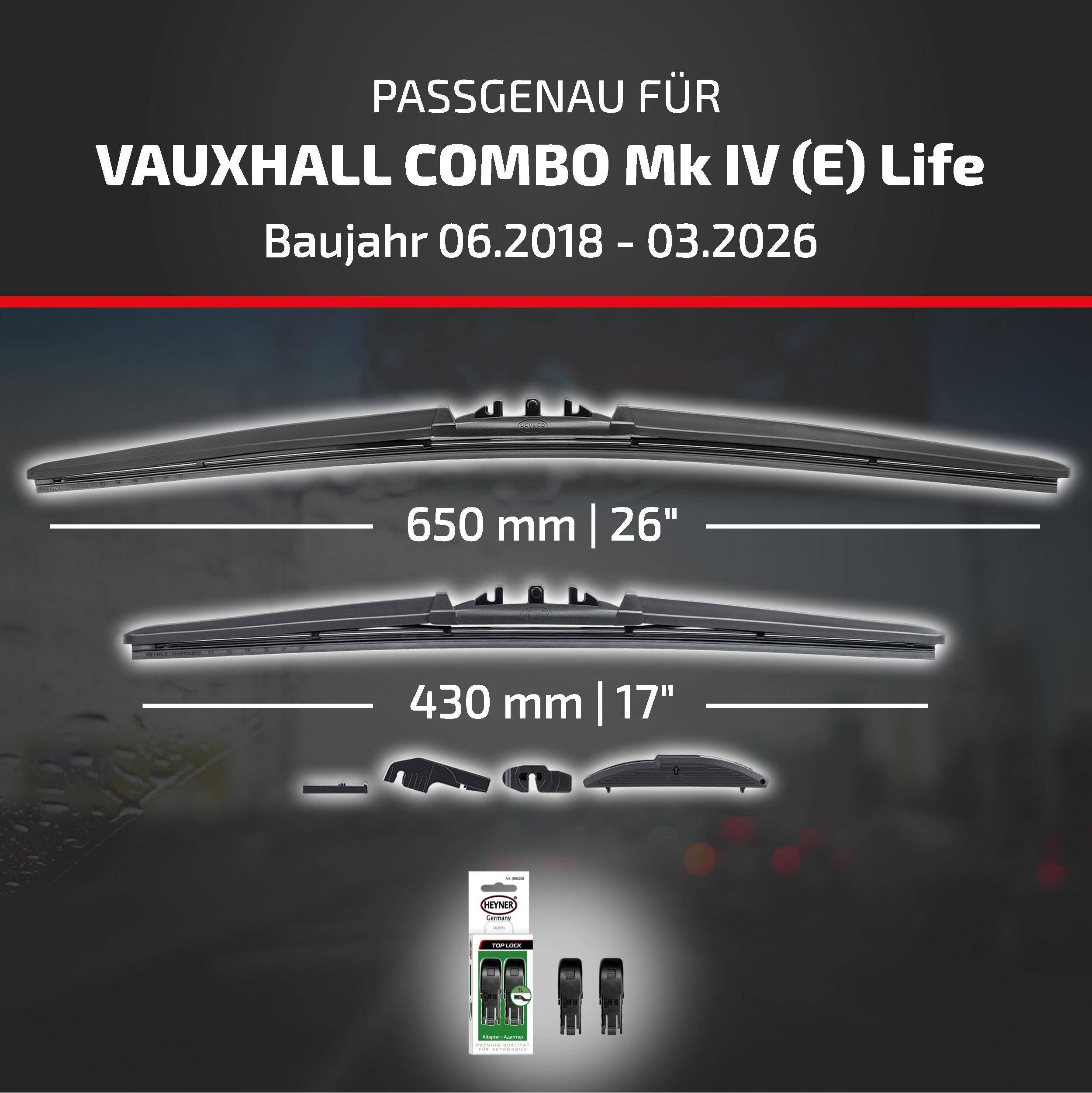 HEYNER® Scheibenwischer komp. mit VAUXHALL COMBO Mk IV (E) Life (06.2018 - 04.2026) HYBRID Flachbalkenwischer
