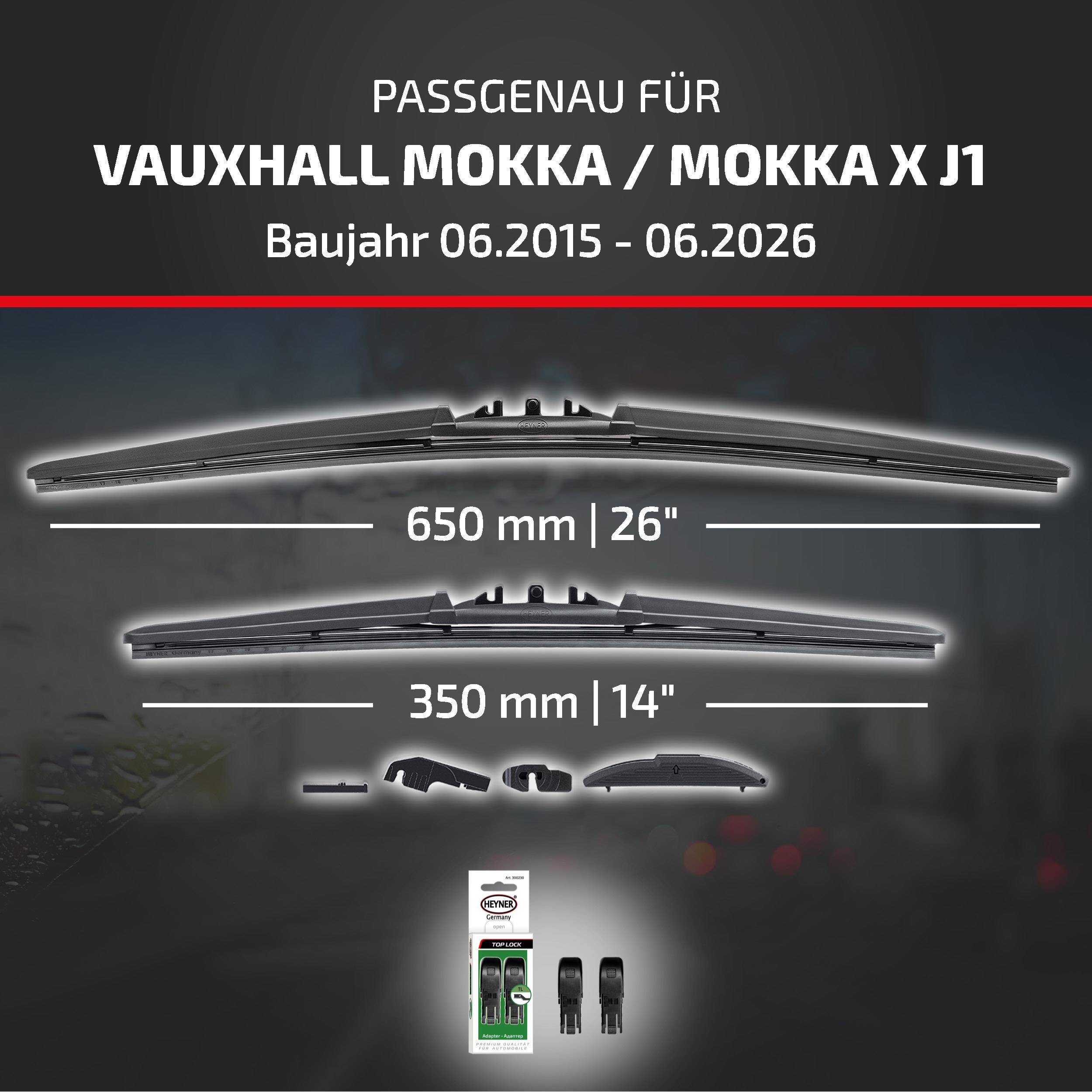 Grafik mit kompatiblen Scheibenwischblättern für Vauxhall Mokka/Mokka X J1, Modelljahre 06/2015-06/2026: 650 mm vorne und 350 mm hinten, mit mitgelieferten Adaptern.