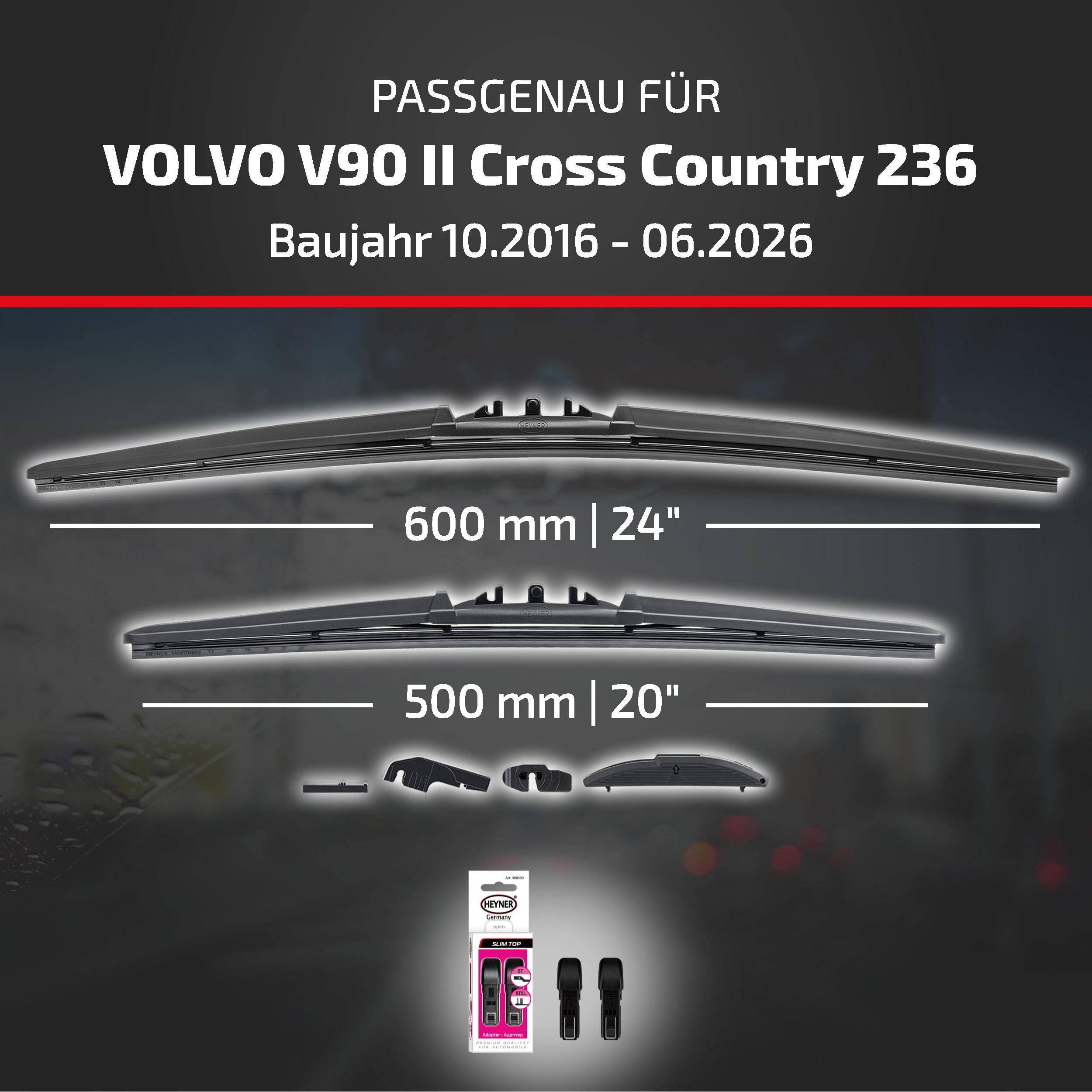 Passend für Volvo V90 II Cross Country 236, Modelljahr 10/2016-06/2026; Wischergröße 600 mm (24') und 500 mm (20'), mit Adapter im Lieferumfang enthalten.